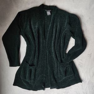 Soft Comfy Dark Forest Green Chenille Long Open Cardigan Front Pockets, Size XL